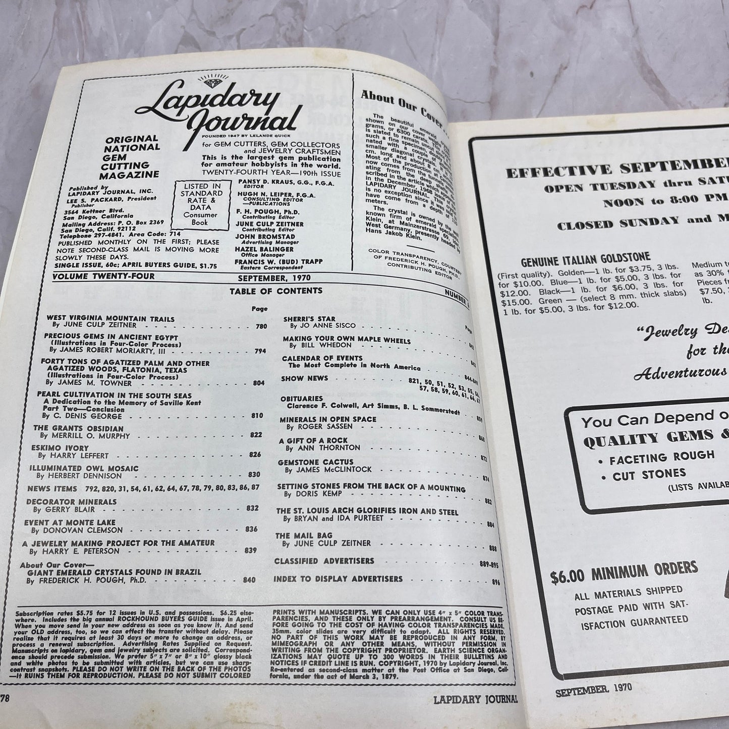 1245 Gram Carnaiba Emerald Crystal - Lapidary Journal Magazine - Sep 1970 M26