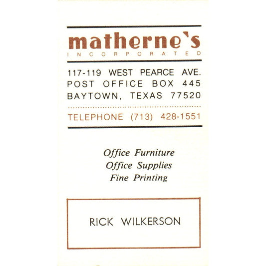 Rick Wilkerson Matherne's Inc Baytown TX Vintage Business Card SE3-B4