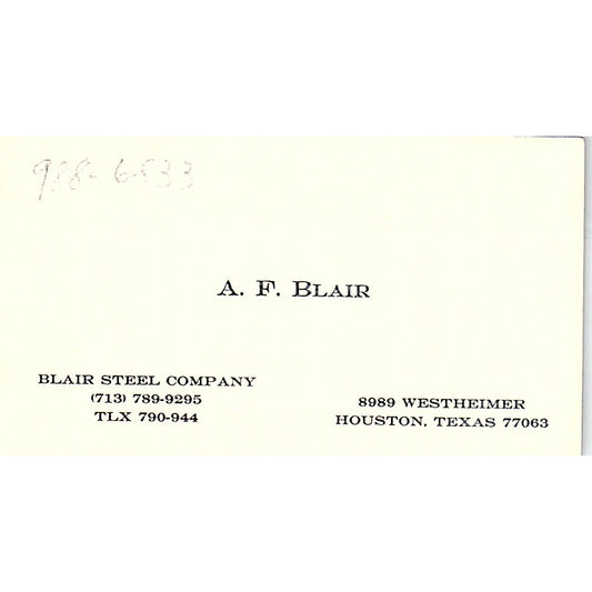 A.F. Blair Steel Co Houston TX Vintage Business Card SE5-B2