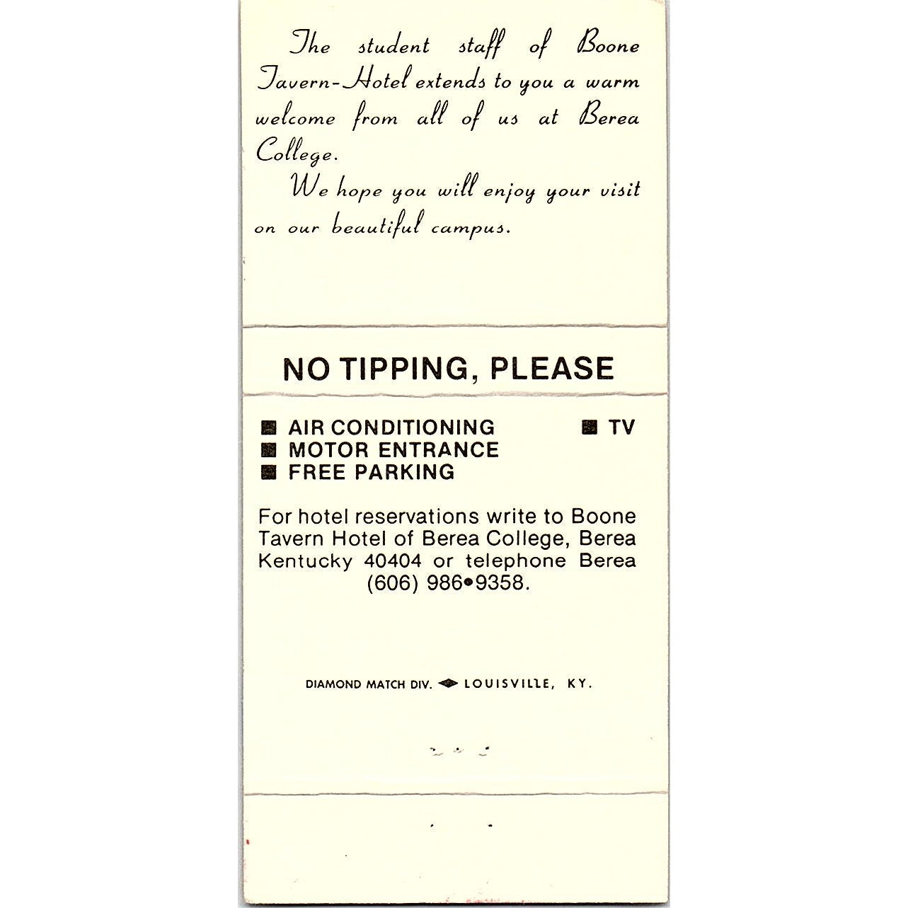 Boone Travel Hotel on Berea College Campus KY Vintage Matchbook TB6-MB2-7