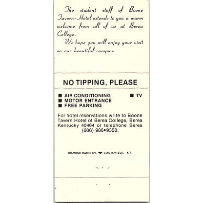 Boone Travel Hotel on Berea College Campus KY Vintage Matchbook TB6-MB2-7
