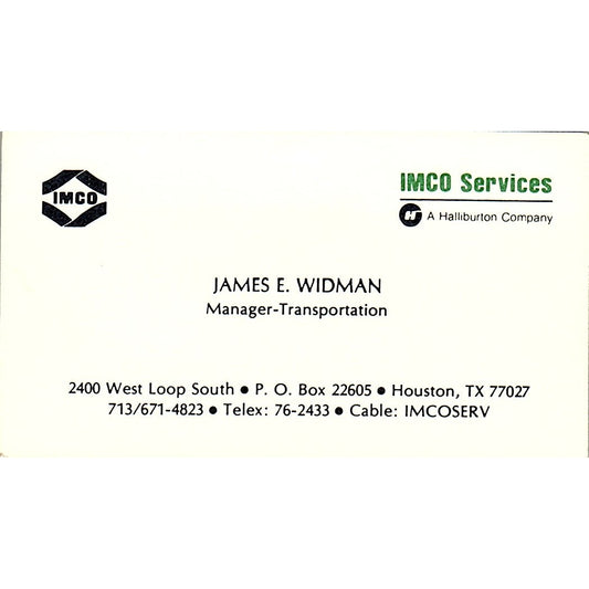 Imco Services James E Widman Houston Texas Vintage  Business Card SB4-B9