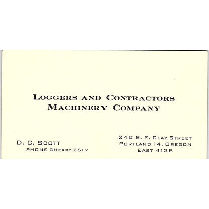 D.C. Scott Loggers & Contractors Machinery Co Portland OR Business Card SD9-B4