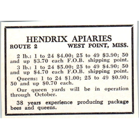 Hendrix Apiaries West Point Mississippi 1964 Magazine Ad AK5-S36