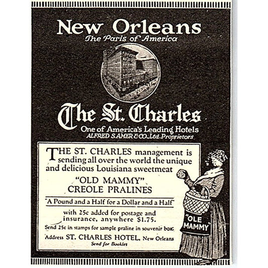 St. Charles New Orleans LA Creole Pralines Alfred S. Amer & Co c1920 Ad AF8-H1