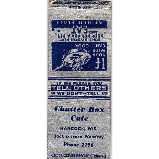 Chatter Box Cafe Hancock WI Jack & Irene Wandrey Vintage Matchbook Cover SC7-Y7