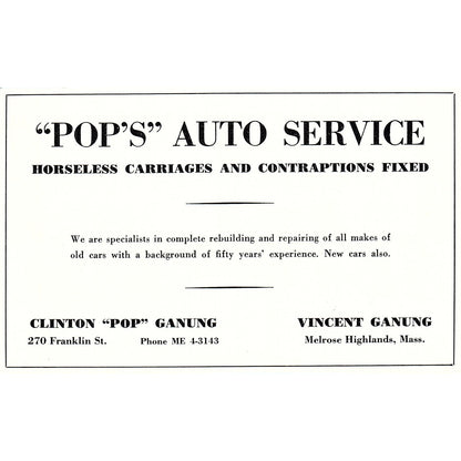 Pop's Auto Service Clinton & Vinent Ganung Melrose Highlands MA 1950 Ad AF6-6