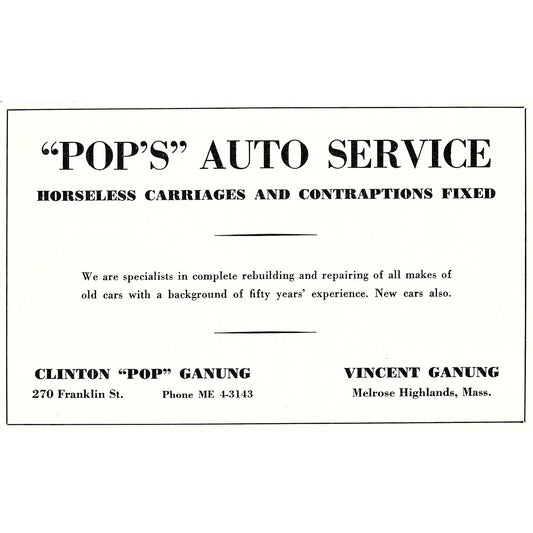 Pop's Auto Service Clinton & Vinent Ganung Melrose Highlands MA 1950 Ad AF6-6