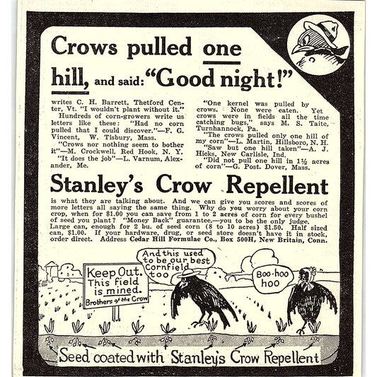 Stanley's Crow Repellent Cedar Hill Formulae Co New Britain CT 1924 Ad AG3-H2
