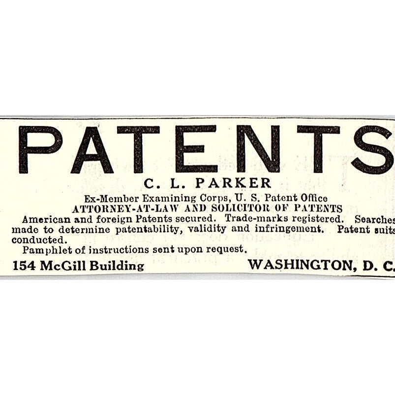C.L. Parker Patent Lawyer Washington DC 1914 Original Ad AF3-Q4