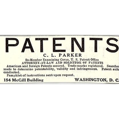C.L. Parker Patent Lawyer Washington DC 1914 Original Ad AF3-Q4