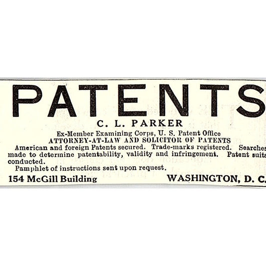 C.L. Parker Patent Lawyer Washington DC 1914 Original Ad AF3-Q4
