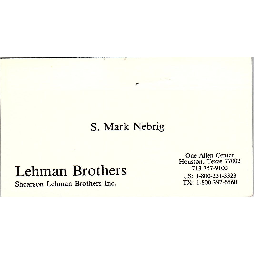 S. Mark Nebrig Lehman Brothers Houston Vintage Business Card SD9-B7