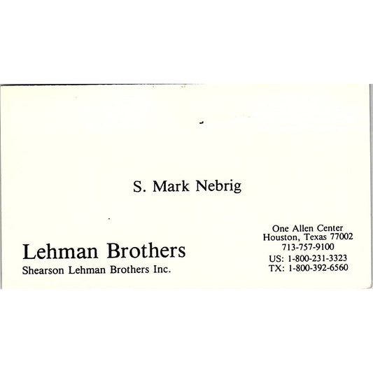 S. Mark Nebrig Lehman Brothers Houston Vintage Business Card SD9-B7