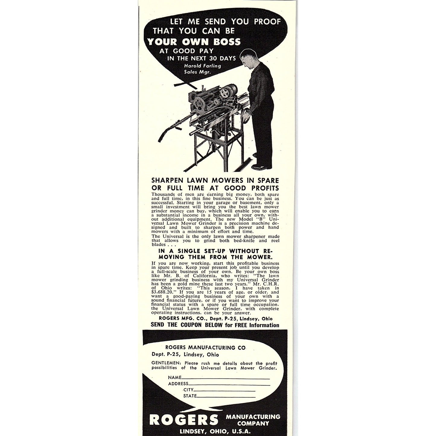 Sharpen Lawnmowers Rogers Mfg Co Lindsey Ohio 1955 Ad AG1-7