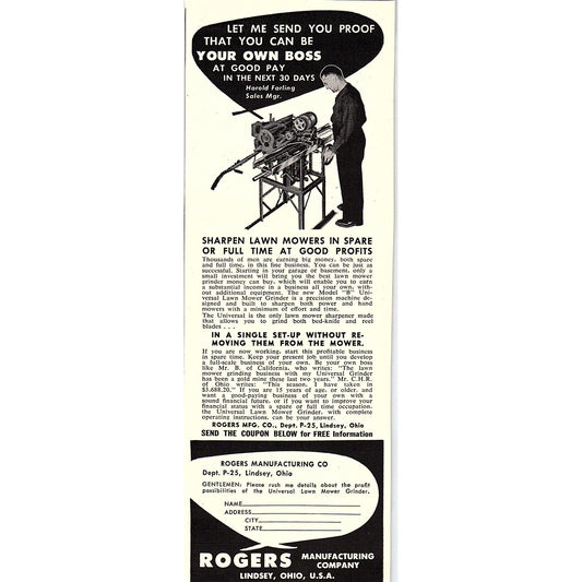 Sharpen Lawnmowers Rogers Mfg Co Lindsey Ohio 1955 Ad AG1-7