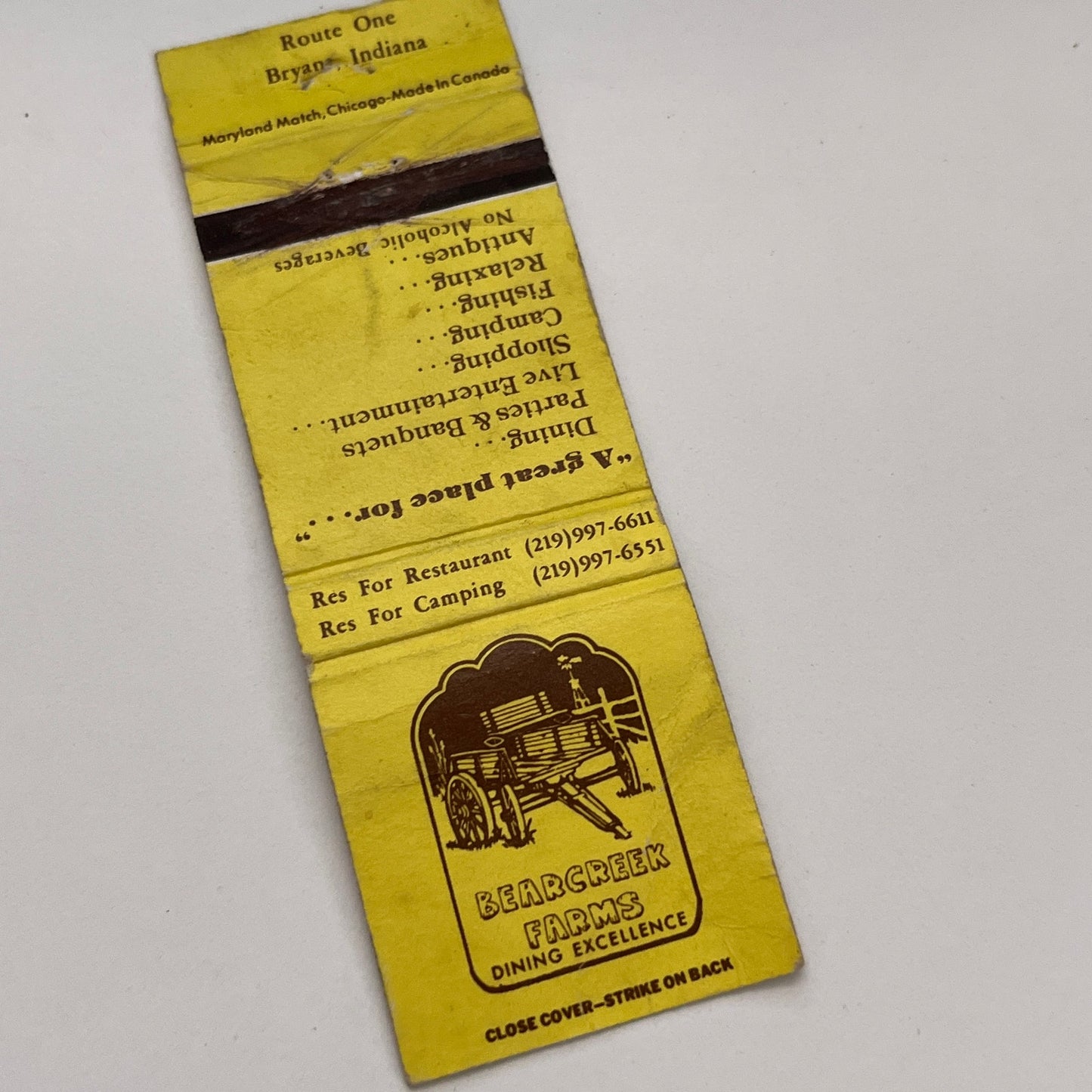 Bearcreek Farms Restaurant Bryant IN Vintage Matchbook TB6-MB2-15