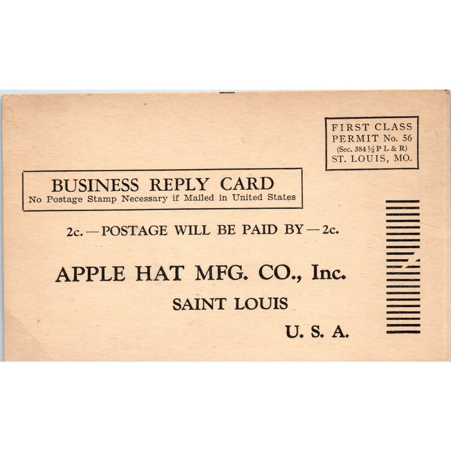 Apple Hat Mfg. Co St. Louis MO Jaunty Cap Mail Order Business Reply Postcard PC8
