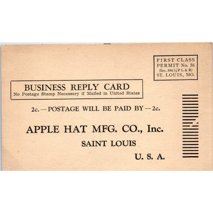 Apple Hat Mfg. Co St. Louis MO Jaunty Cap Mail Order Business Reply Postcard PC8
