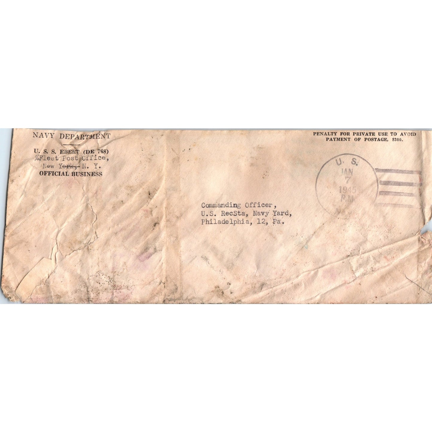 1945 WWII USS Navy Department USS Ebert Official Postal Cover AB6-TZ