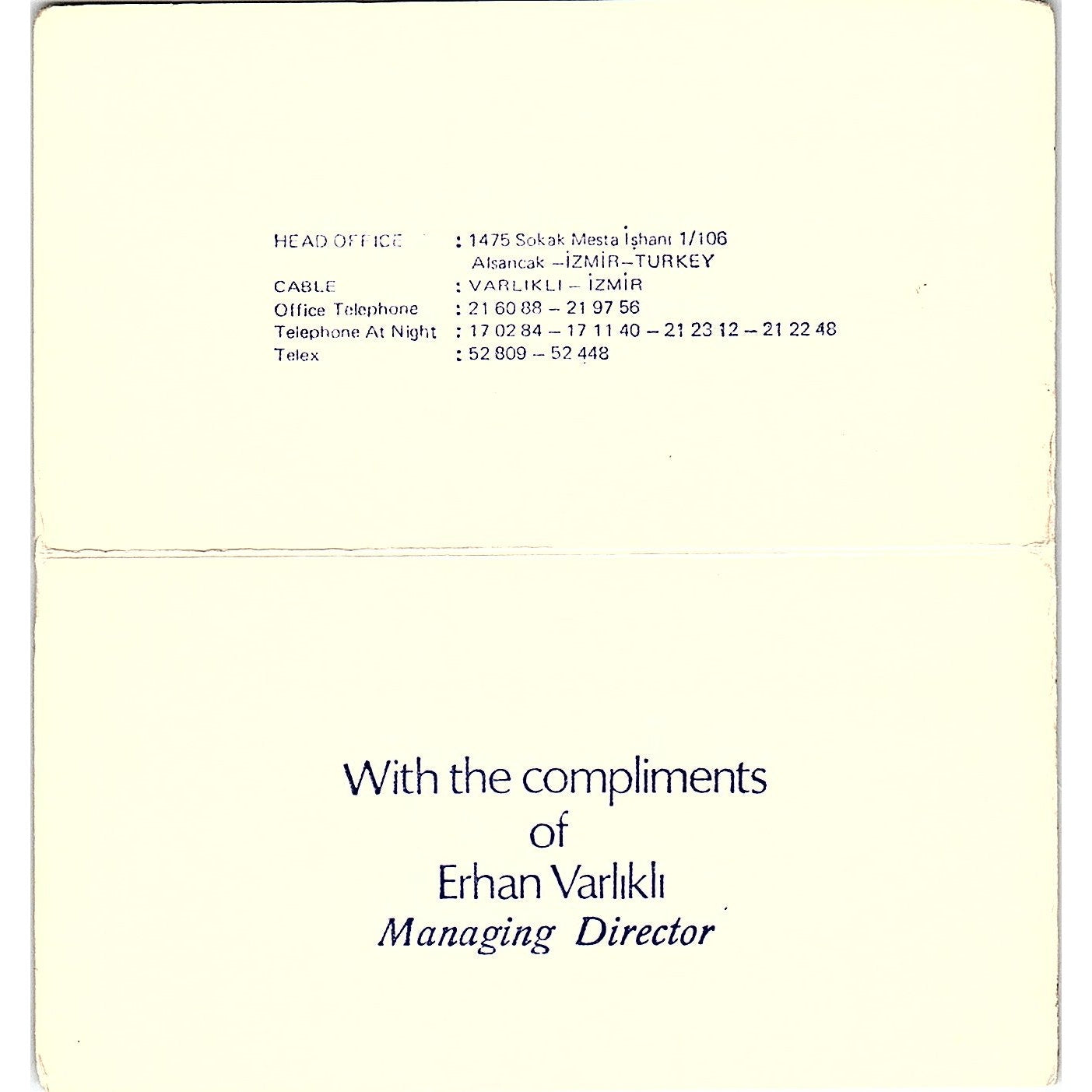General Shipchandler Co Erhan Varlikli Izmir Turkey Vintage Business Card TH2-B2