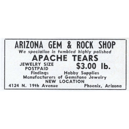 Arizona Gem & Rock Shop Apache Tears Phoenix AZ 1964 Magazine Ad AK6-S5