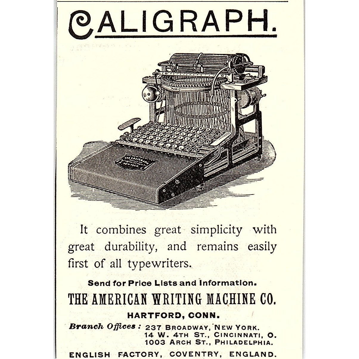 Caligraph - The American Writing Machine Co Hartford CT 1892 Ad AG2-M10