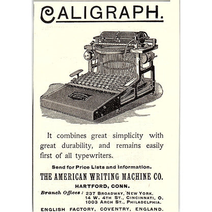 Caligraph - The American Writing Machine Co Hartford CT 1892 Ad AG2-M10
