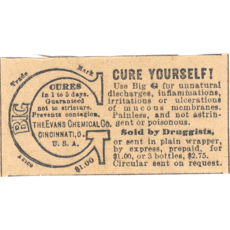 Big G Cures Quackery Evans Chemical Co Cincinnati 1898 Newspaper Ad AF2-S7