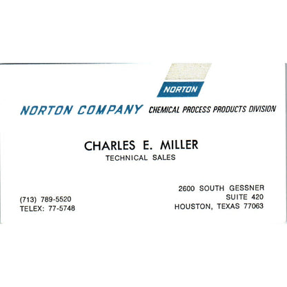 Charles E Miller Norton Company Houston Vintage Business Card SE3-B10