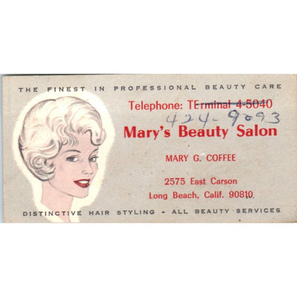 Mary's Beauty Salon Mary G Coffee Long Beach Vintage Business Card SD8-B10