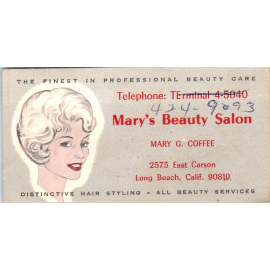 Mary's Beauty Salon Mary G Coffee Long Beach Vintage Business Card SD8-B10