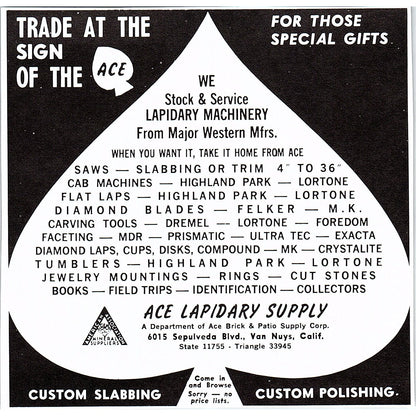 Ace Lapidary Supply Van Nuys California 1972 Ad AF8-H2