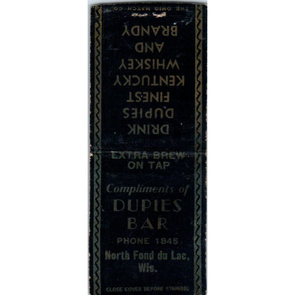 Dupies Bar North Fond Du Lac WI Vintage Matchbook Cover SD2-Y6