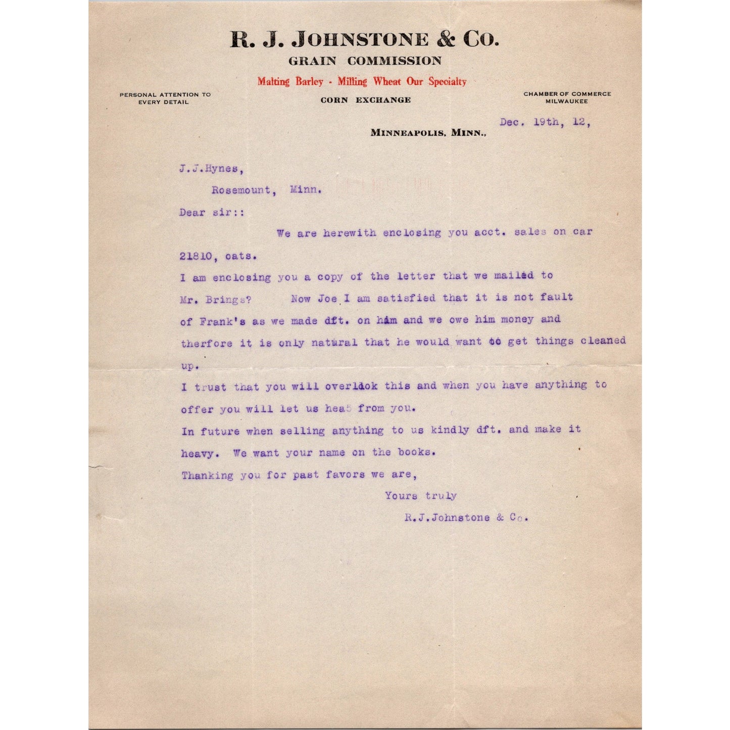 R.J. Johnstone & Co Grain Commission Minneapolis MN 1912 Letterhead Billhead K24