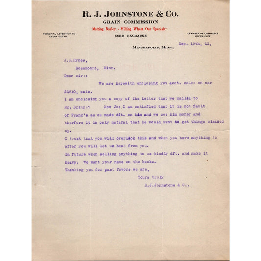 R.J. Johnstone & Co Grain Commission Minneapolis MN 1912 Letterhead Billhead K24