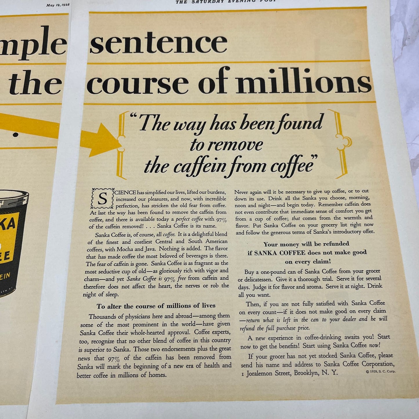 Sanka Coffee Decaf 2 Pages 1928 Original Magazine Advertisement FL6-8