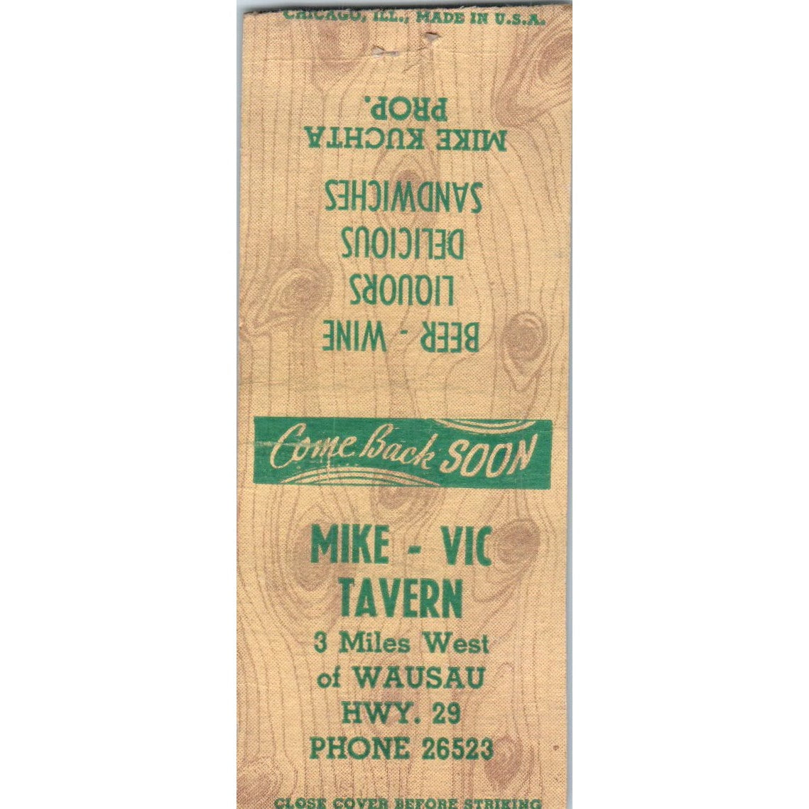 Mike - Vic Tavern Mike Kuchta Wausau WI Vintage Matchbook Cover SD4-Y5