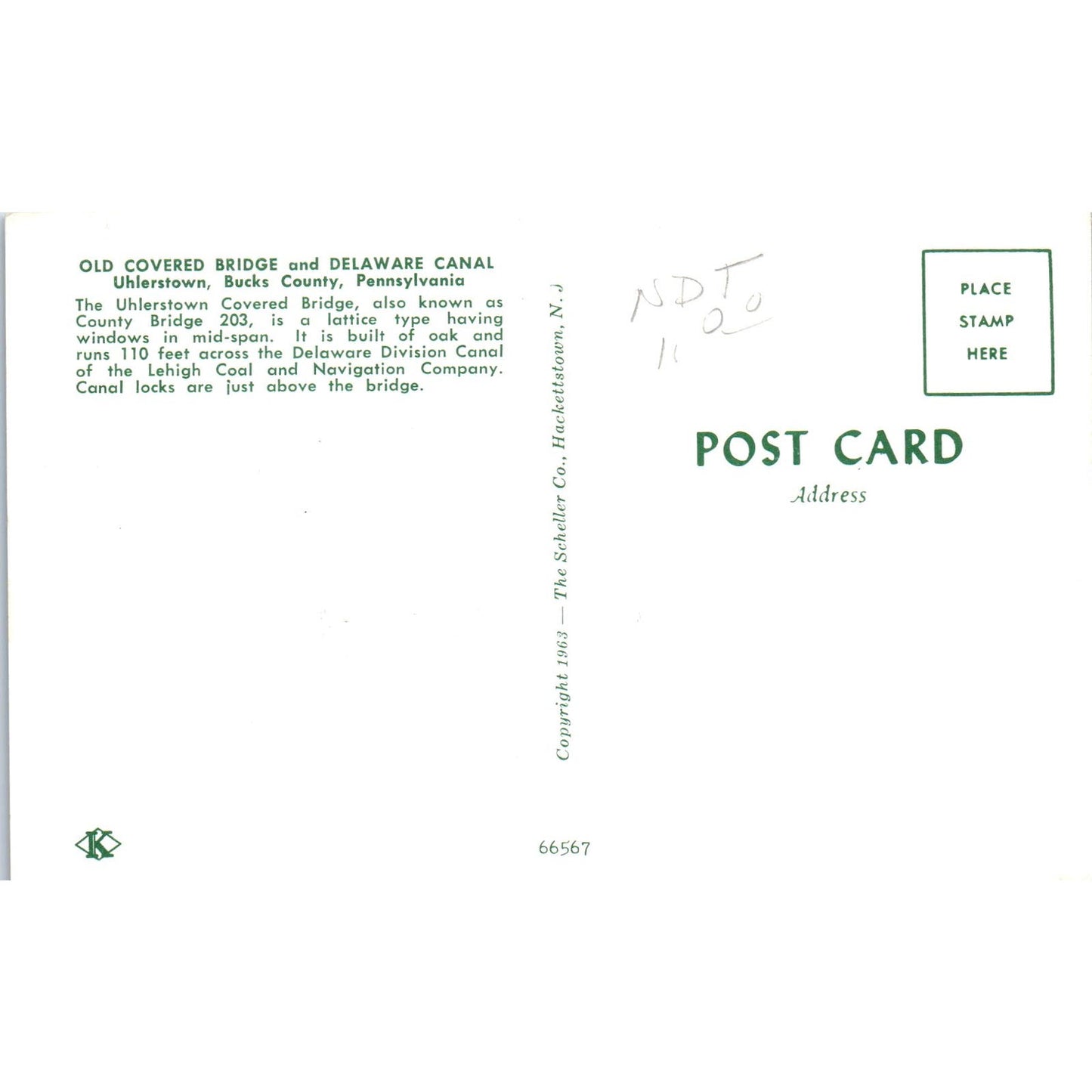 Delaware Canal Bridge Uhlerstown Bucks County PA Vtg Covered Bridge Postcard PD1