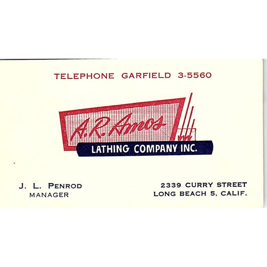 J.L. Penrod A.R. Amos Lathing Co Long Beach Vintage Business Card SE5-B1