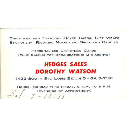 Dorothy Watson Hedges Sales Long Beach CA Vintage Business Card SE3-B4