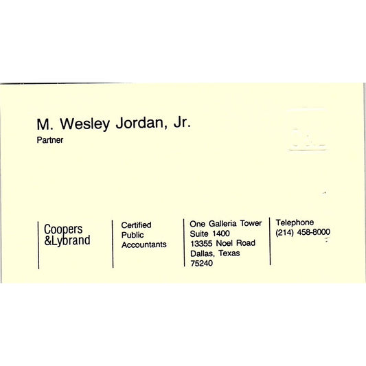 M Wesley Jordan Jr Coopers & Lybrand CPA Dallas TX Vintage Business Card SD9-B1