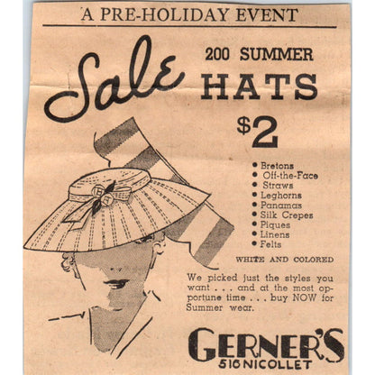 Gerner's Nicollet Summer Hats 1935 Minneapolis Journal Advertisement AE7-N2