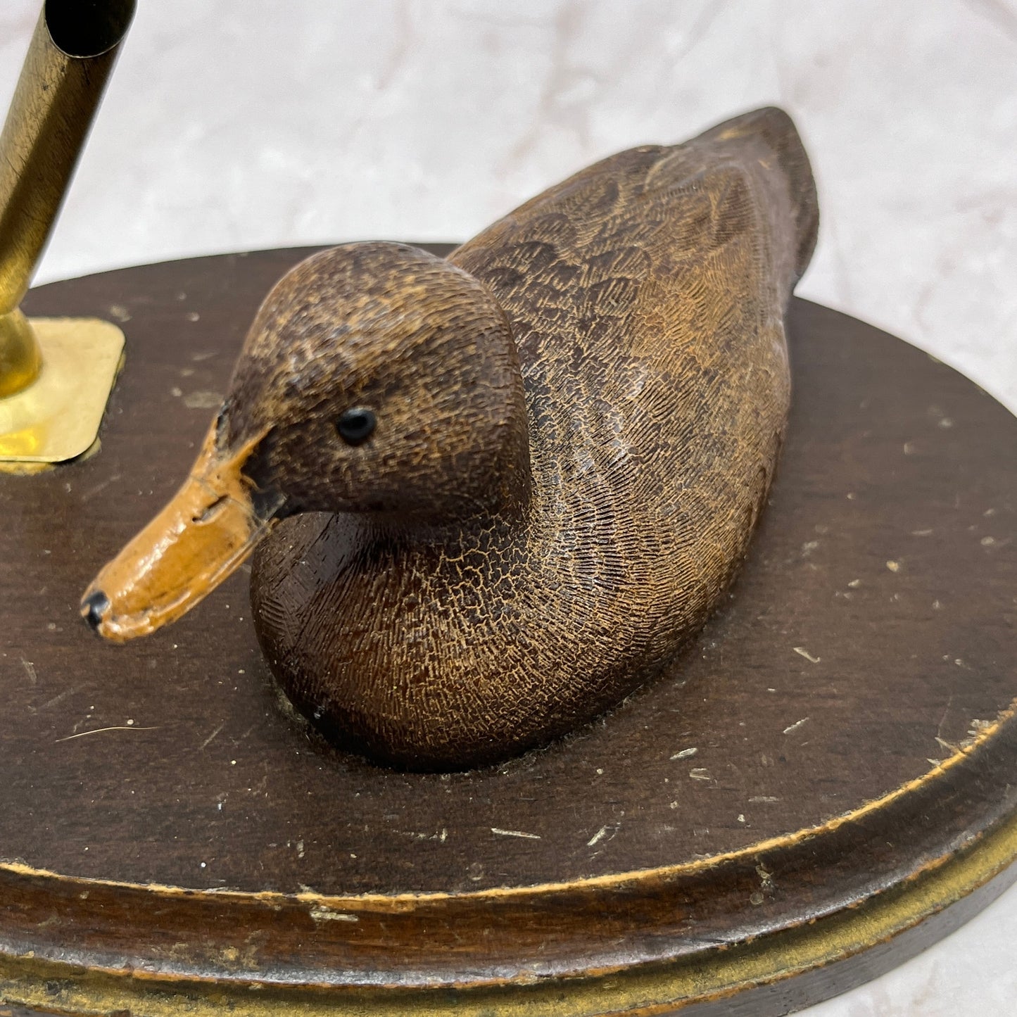 Vintage Hand Carved Mallard Duck Wood and Brass Desk Pen Holder Caddy TF4
