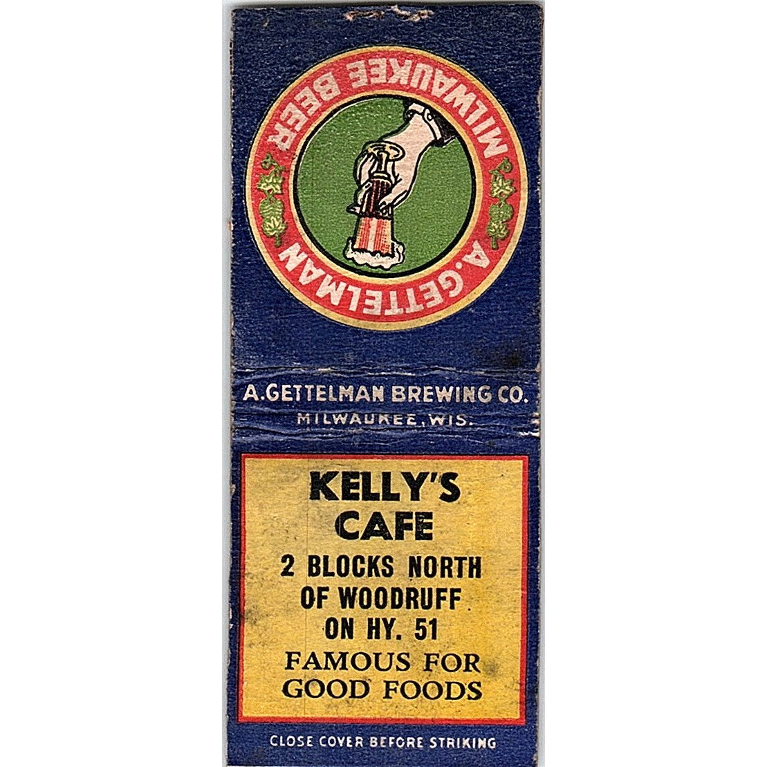 Kelly's Cafe Woodruff WI Vintage Matchbook Cover SF3-Y5
