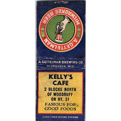 Kelly's Cafe Woodruff WI Vintage Matchbook Cover SF3-Y5