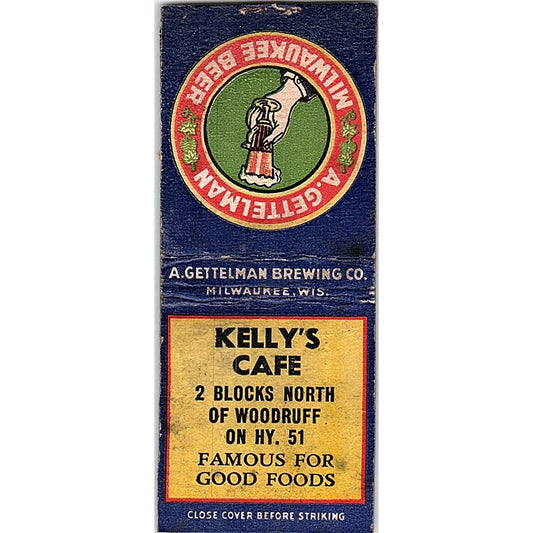 Kelly's Cafe Woodruff WI Vintage Matchbook Cover SF3-Y5