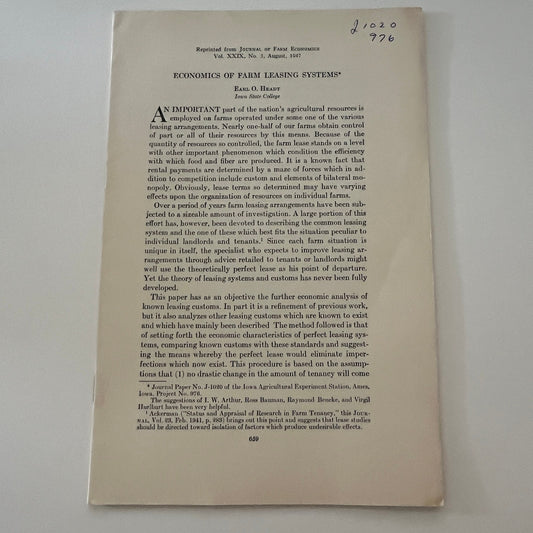 Economics of Farm Leasing Systems Earl O Heady 1947 Ames Farm Bulletin TK2-XB4