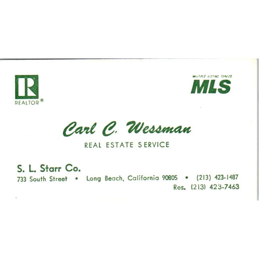 Carl C. Wessman Realtor S.L. Starr Co Long Beach CA Vintage Business Card SD8-B1