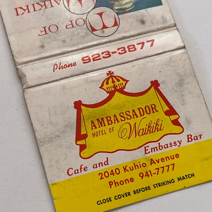 Ambassador Hotel of Waikiki Lau Yee Chai Vintage Matchbook Cover TB8-MB-14